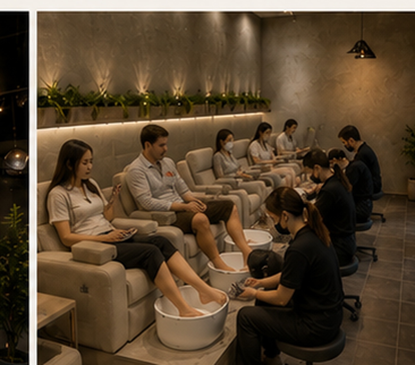 Moss Nail Lounge pedicure area with a mix of clients