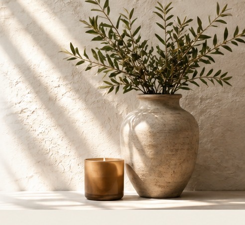Natural ceramic vase and greenery in the Moss Nail Lounge aesthetic